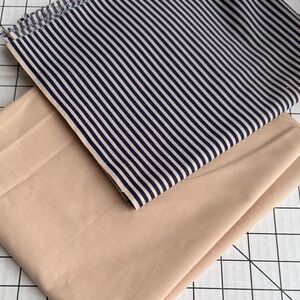 Vintage Cotton Fabric Lot – Tan Solid (2 Yards) & Navy Stripe (1 Yard)